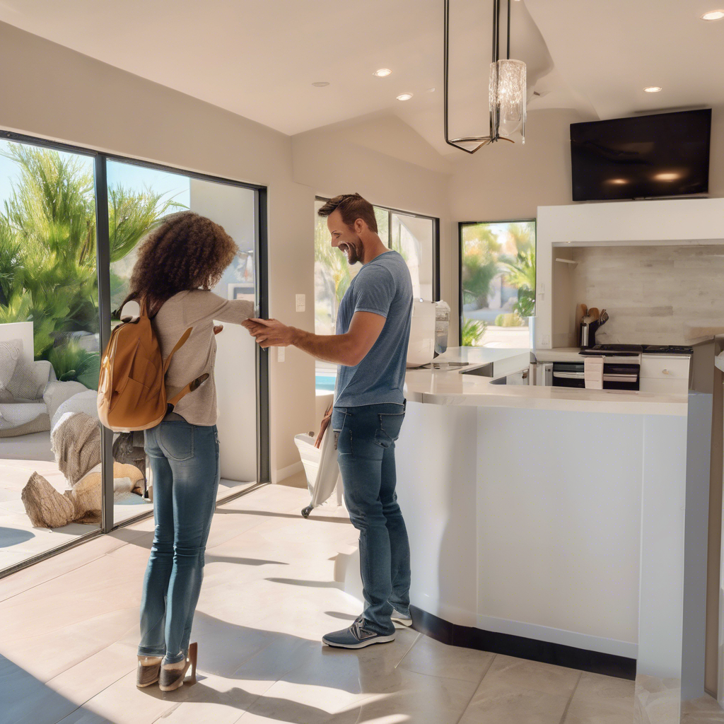 A photo of a happy guest checking in to an airbnb property in rancho mirage - self check-in tips by Poppy House Cleaning