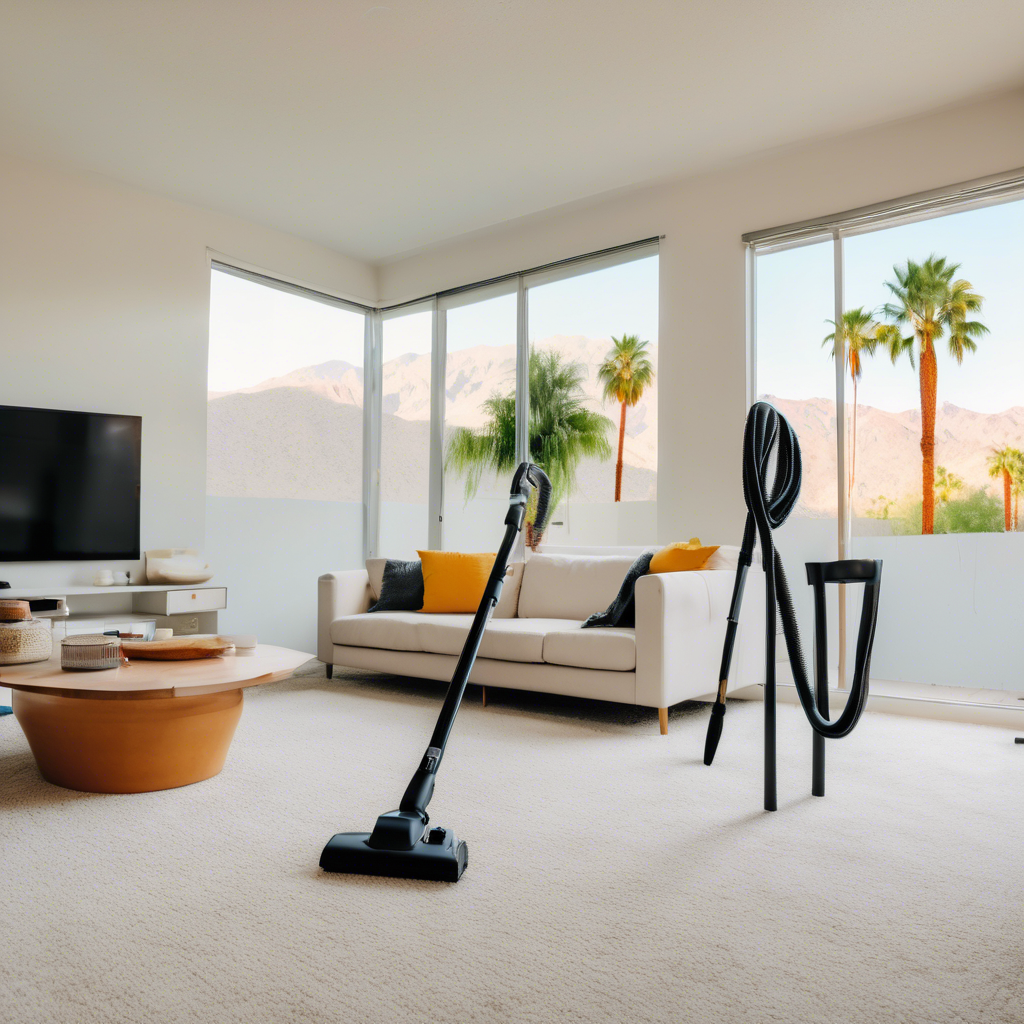 A clean and clutter-free rental with a vacuum cleaner and dusting supplies in palm springs - guest allergies