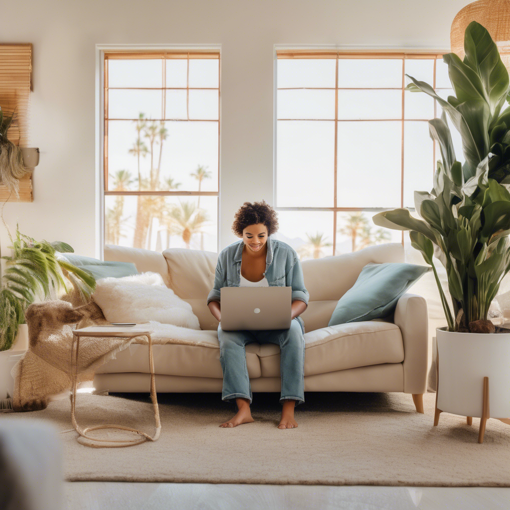 A guest enjoying a fast internet connection on their laptop in palm springs - airbnb amenities by Poppy House Cleaning